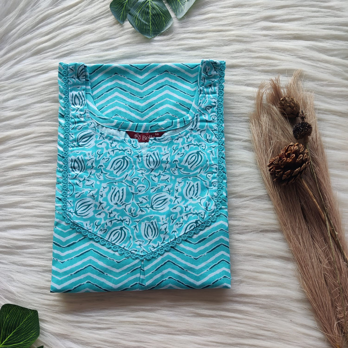 White And Blue Zig Zag Printed Premium Cotton Mix N Match Lace Pocket Nighty | Free Size | Chest Width 44″| Length 56″