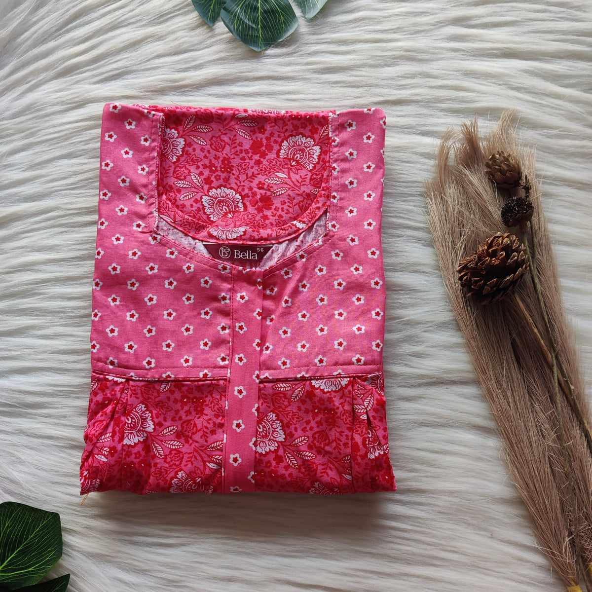 Pink And Red Floral Printed Premium Cotton Pleated Vertical Zip Feeding Nighty | Free Size | Chest Width 44″| Length 54″-56″