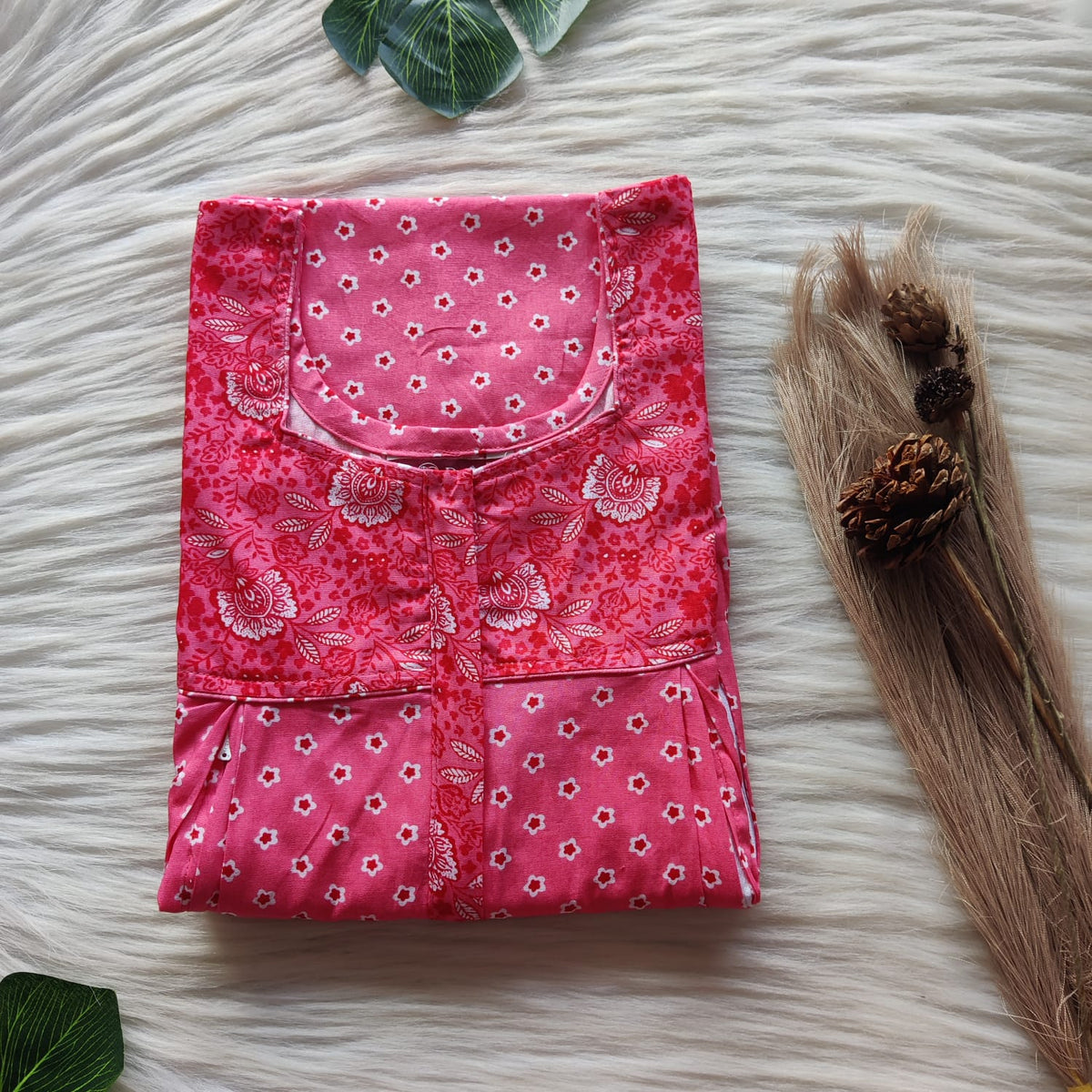 Red And Pink Floral Printed Premium Cotton Pleated Vertical Zip Feeding Nighty | Free Size | Chest Width 44″| Length 54″-56″