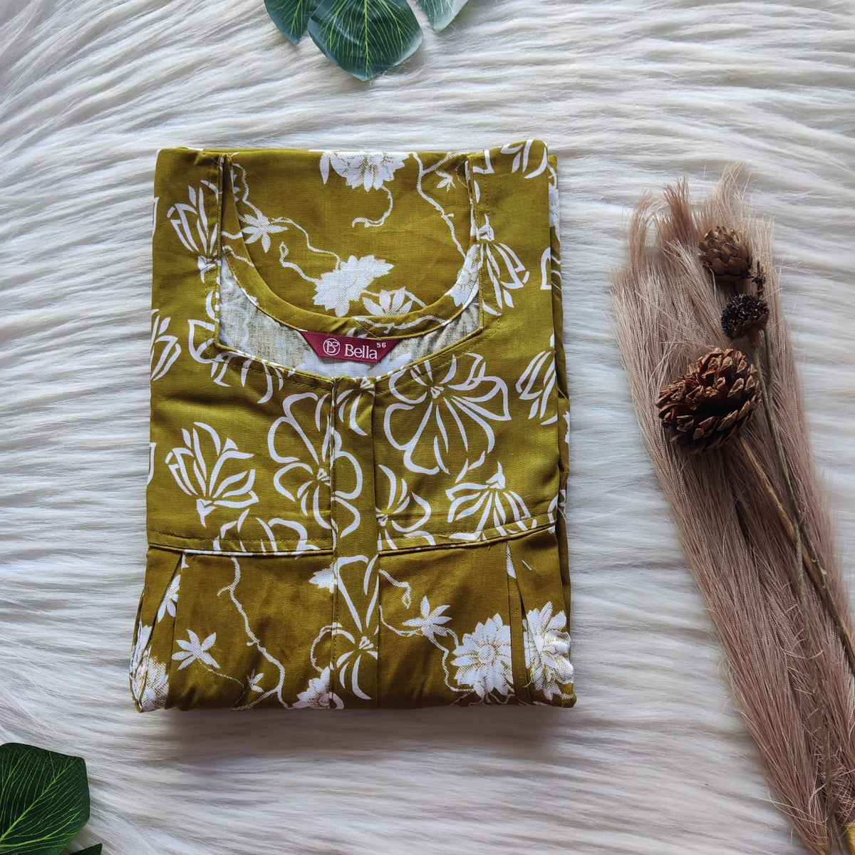 Olive Green And White Floral Printed Premium Cotton Pleated Vertical Zip Feeding Nighty | Free Size | Chest Width 44″| Length 54″-56″