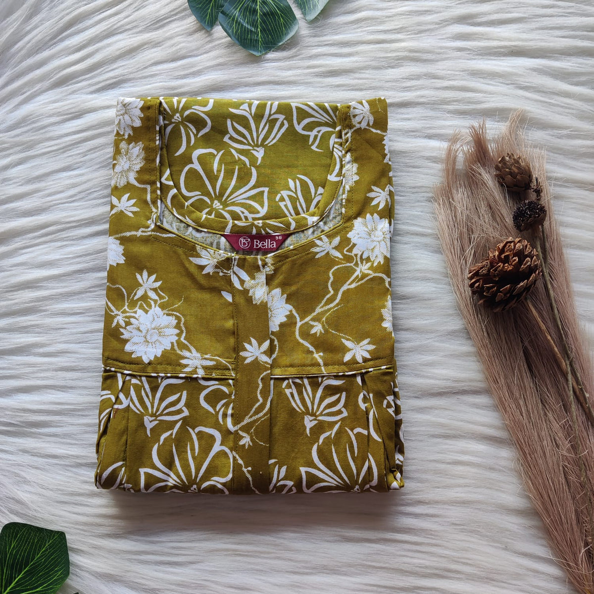 White And Olive Green Floral Printed Premium Cotton Pleated Vertical Zip Feeding Nighty | Free Size | Chest Width 44″| Length 54″-56″