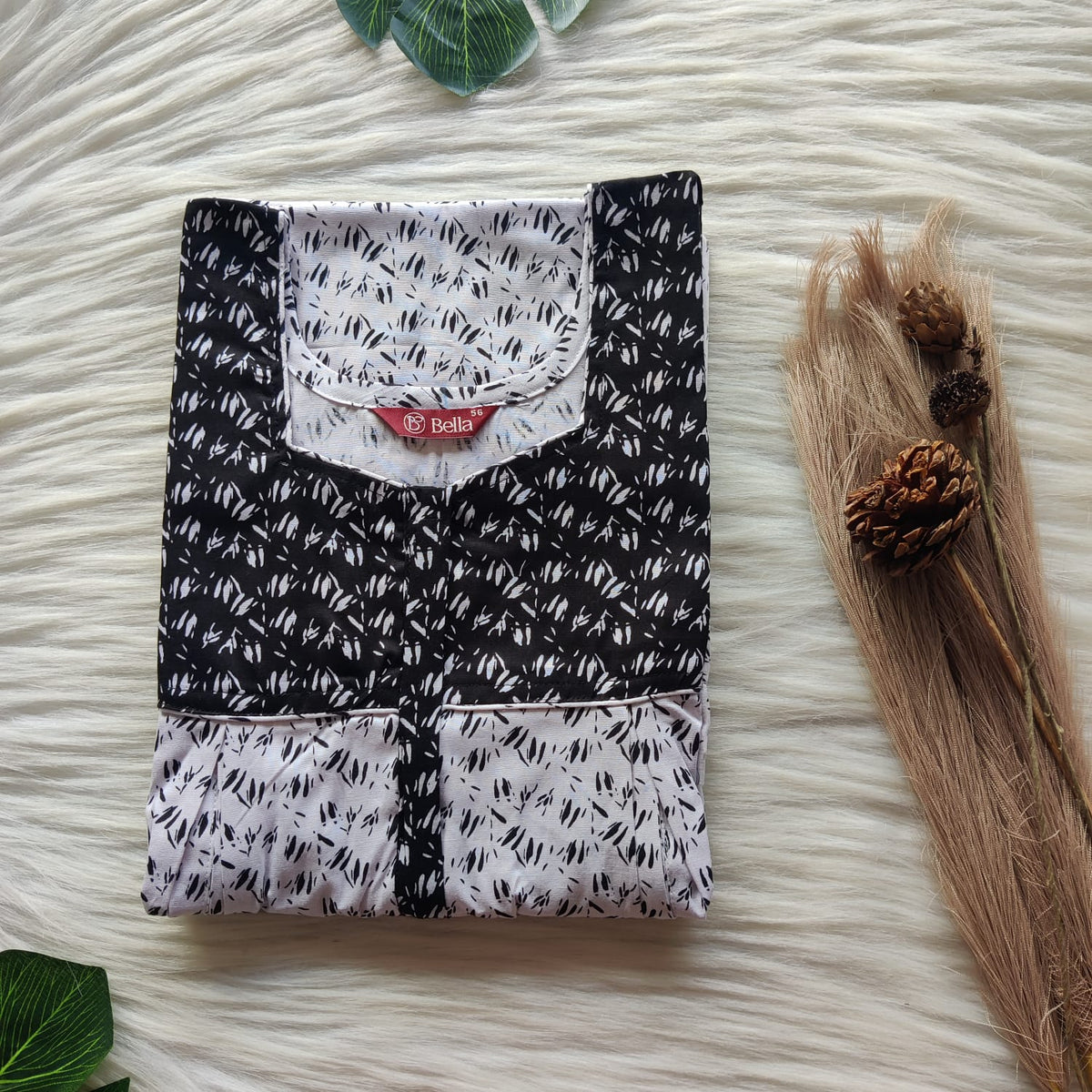 Black And Grey Printed Premium Cotton Pleated Vertical Zip Feeding Nighty | Free Size | Chest Width 44″| Length 54″-56″