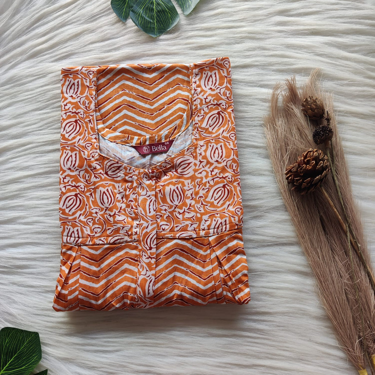 White And Orange Zig Zag Printed Premium Cotton Pleated Vertical Zip Feeding Nighty | Free Size | Chest Width 44″| Length 54″-56″