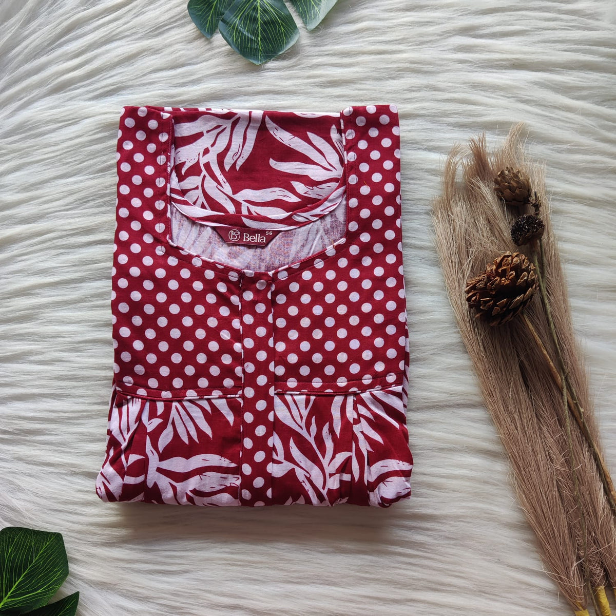 Maroon And White Leaf Printed Premium Cotton Pleated Vertical Zip Feeding Nighty | Free Size | Chest Width 44″| Length 54″-56″