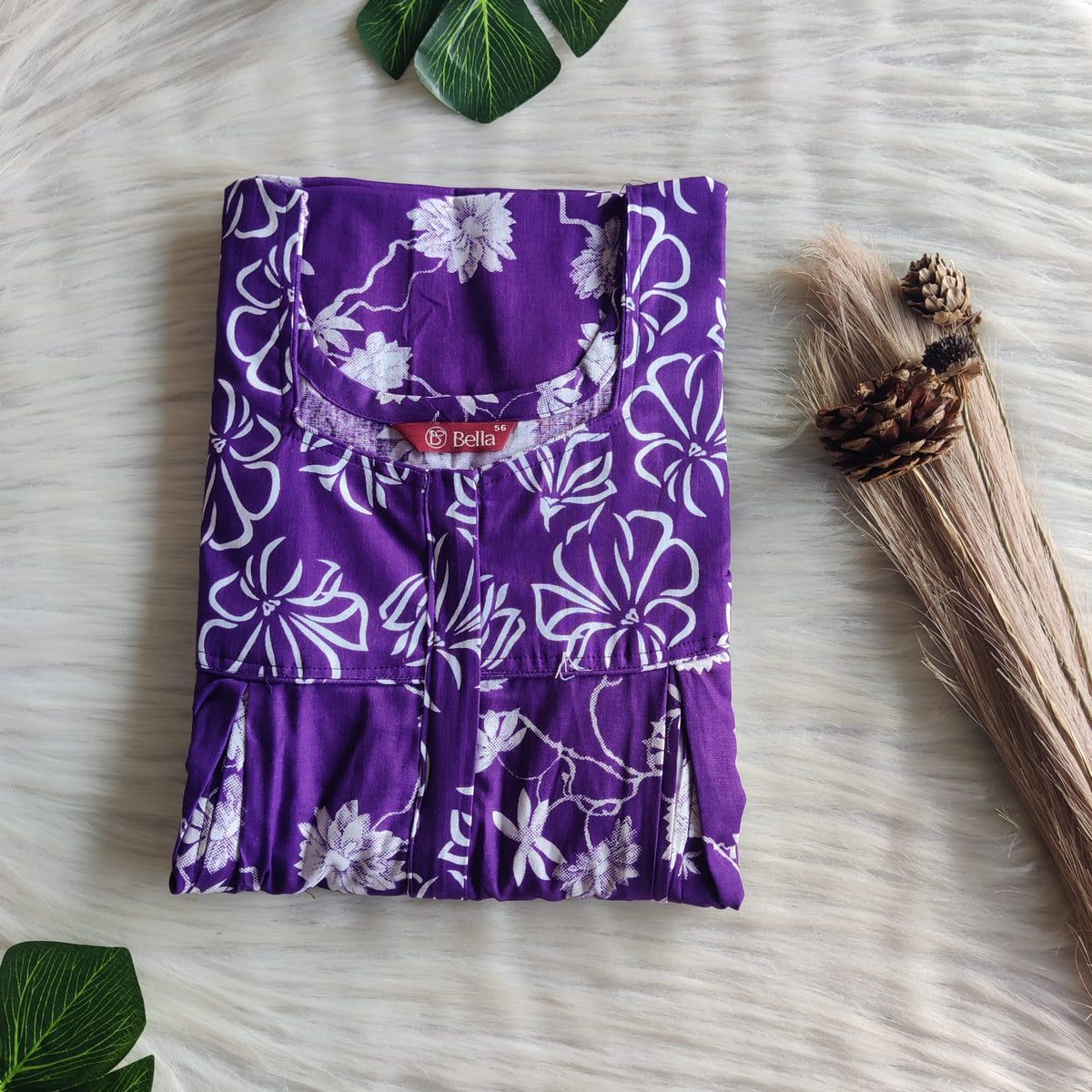 Purple And White Floral Printed Premium Cotton Pleated Vertical Zip Feeding Nighty | Free Size | Chest Width 44″| Length 54″-56″