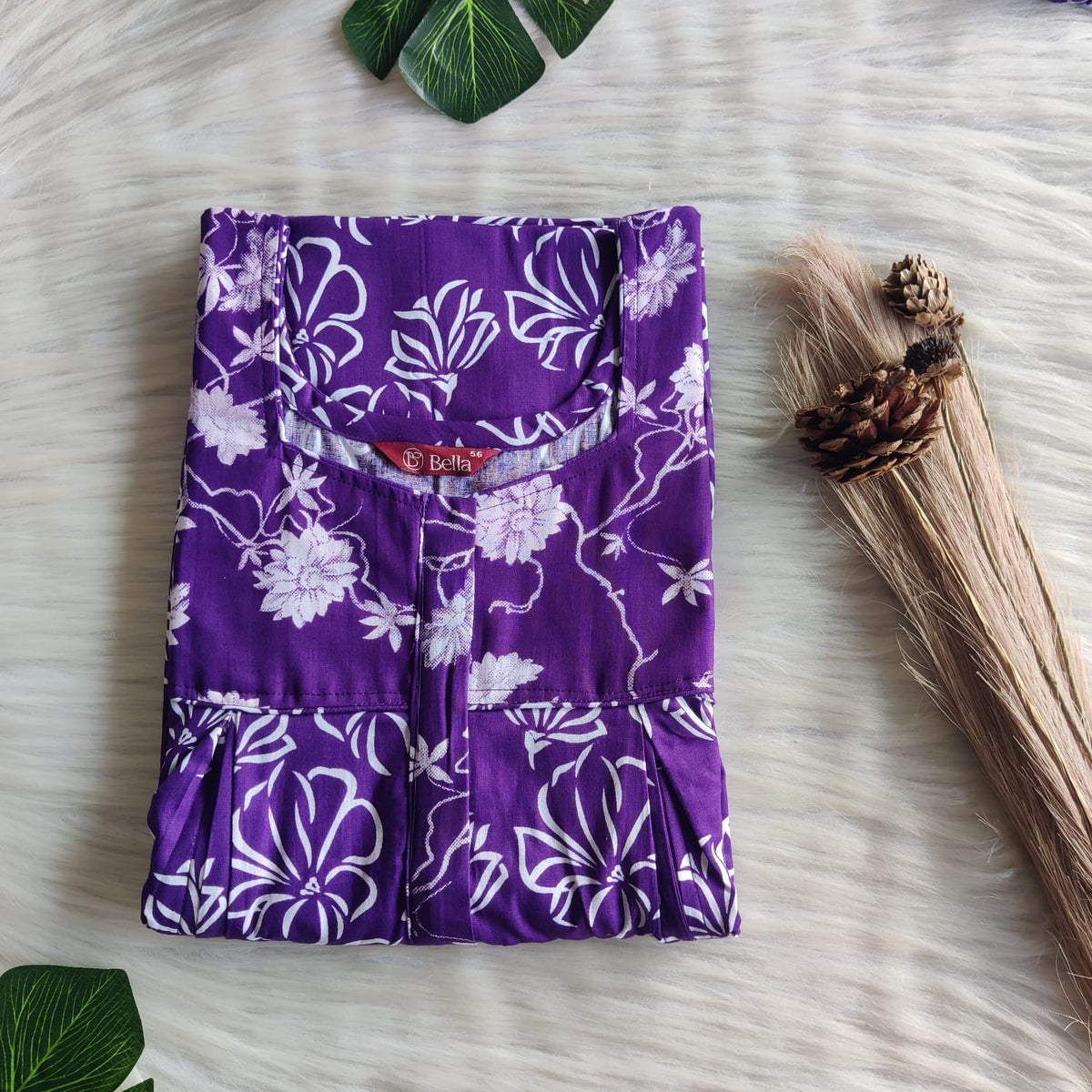 White And Purple Printed Premium Cotton Pleated Vertical Zip Feeding Nighty | Free Size | Chest Width 44″| Length 54″-56″