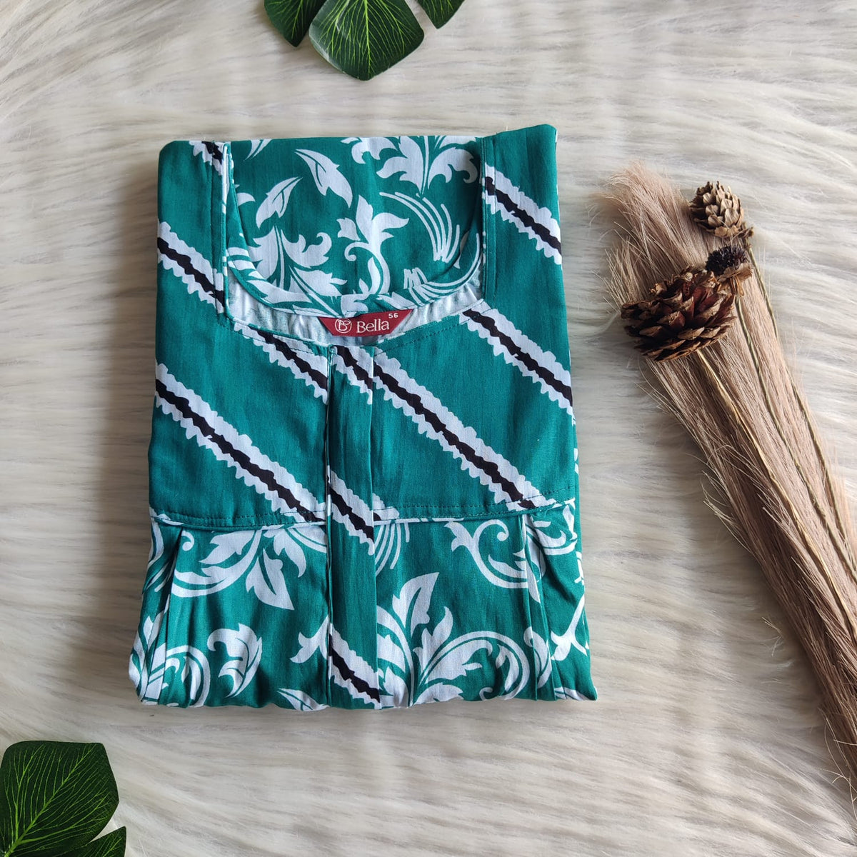 Green And White Printed Premium Cotton Pleated Vertical Zip Feeding Nighty | Free Size | Chest Width 44″| Length 54″-56″
