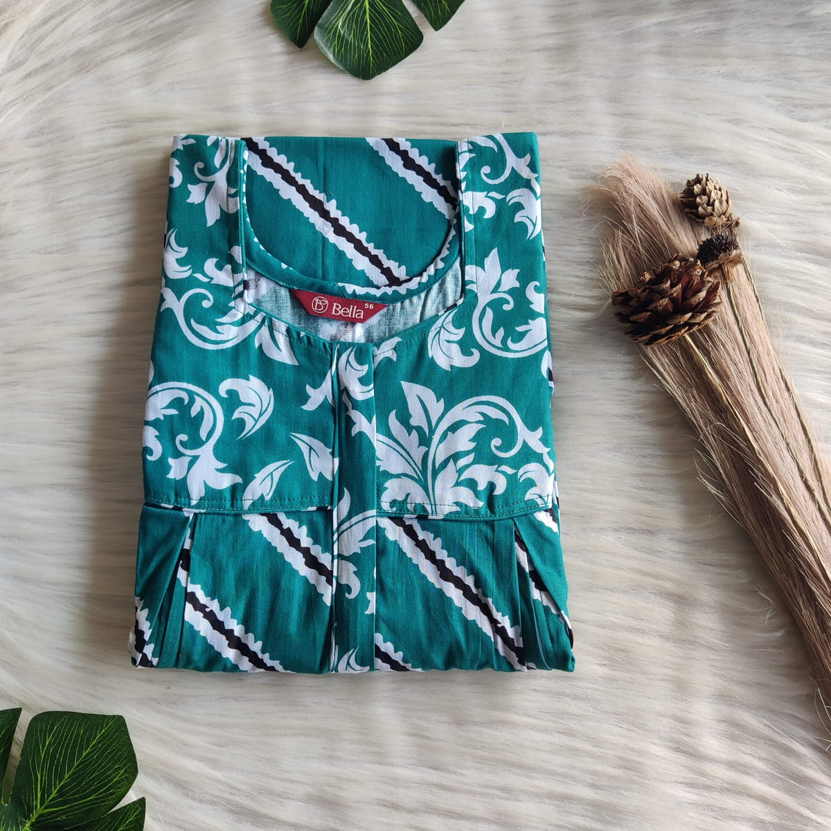 White And Green Printed Premium Cotton Pleated Vertical Zip Feeding Nighty | Free Size | Chest Width 44″| Length 54″-56″