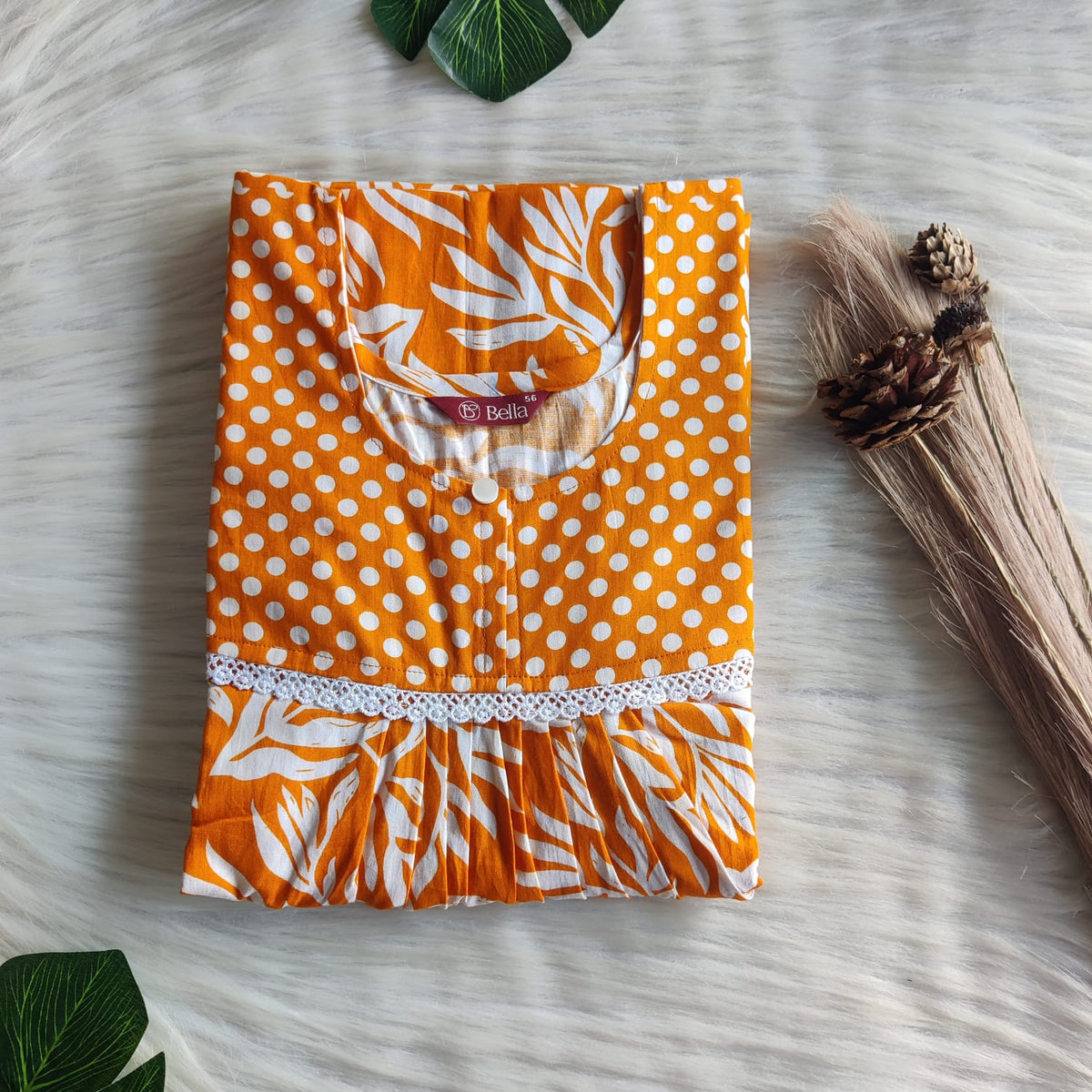 Orange And White Floral Printed Premium Cotton Lace Nighty | Free Size | Chest Width 44″| Length 54″-56″