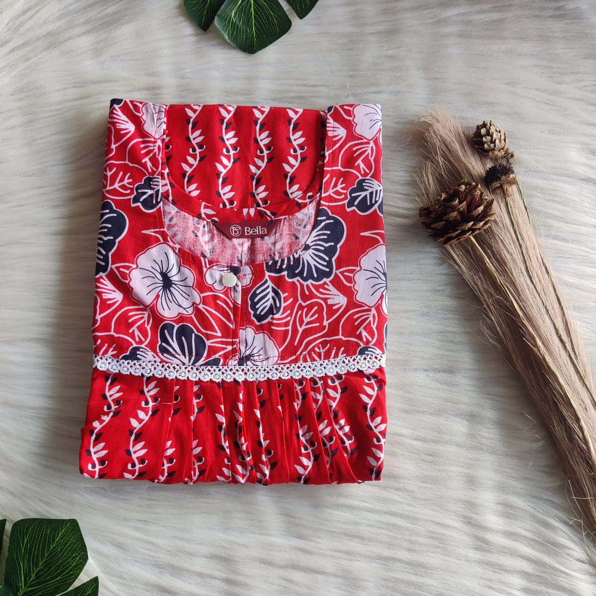 Black And Red Printed Premium Cotton Lace Nighty | Free Size | Chest Width 44″| Length 54″-56″
