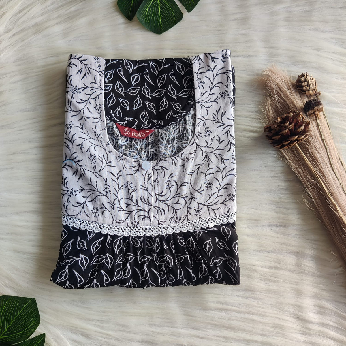 Grey And Black Printed Premium Cotton Lace Nighty | Free Size | Chest Width 44″| Length 54″-56″