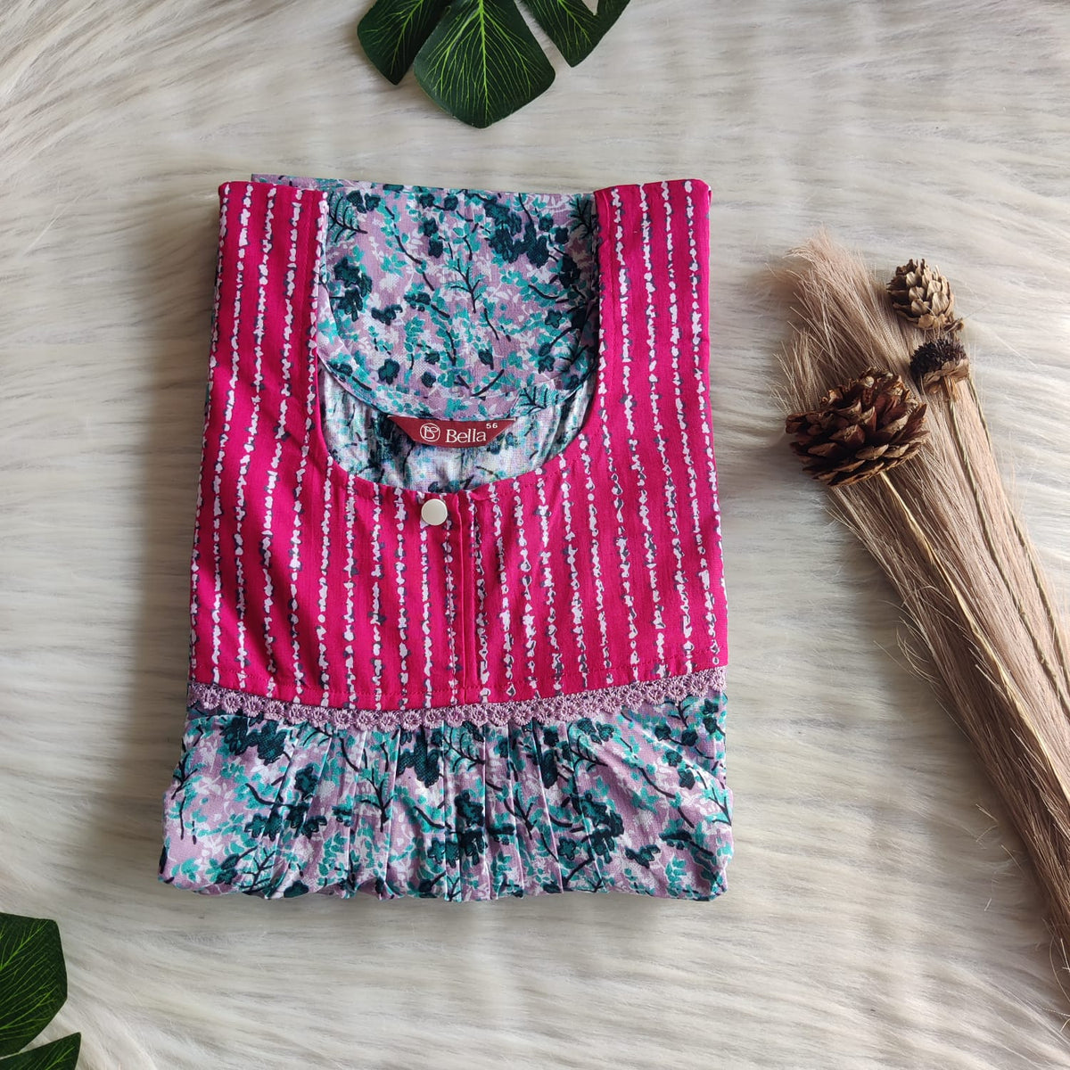 Pink And Blue Printed Premium Cotton Lace Nighty | Free Size | Chest Width 44″| Length 54″-56″