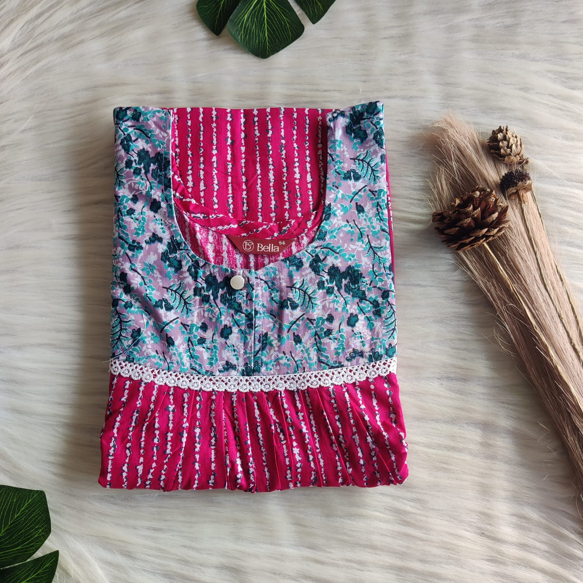 Blue And Pink Printed Premium Cotton Lace Nighty | Free Size | Chest Width 44″| Length 54″-56″
