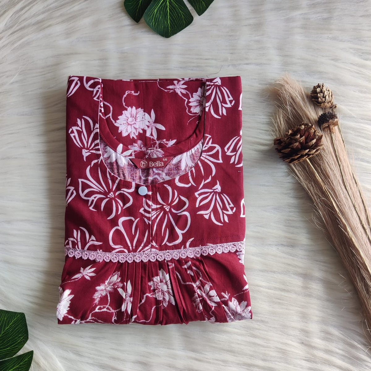 Maroon And White Floral Printed Premium Cotton Lace Nighty | Free Size | Chest Width 44″| Length 54″-56″