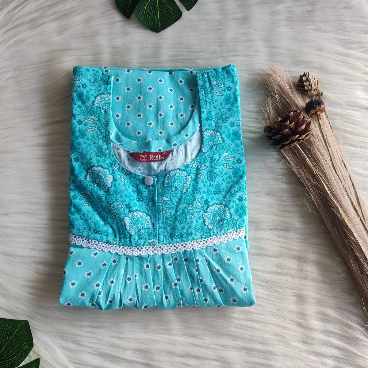 Dark And Pale Blue Printed Premium Cotton Lace Nighty | Free Size | Chest Width 44″| Length 54″-56″