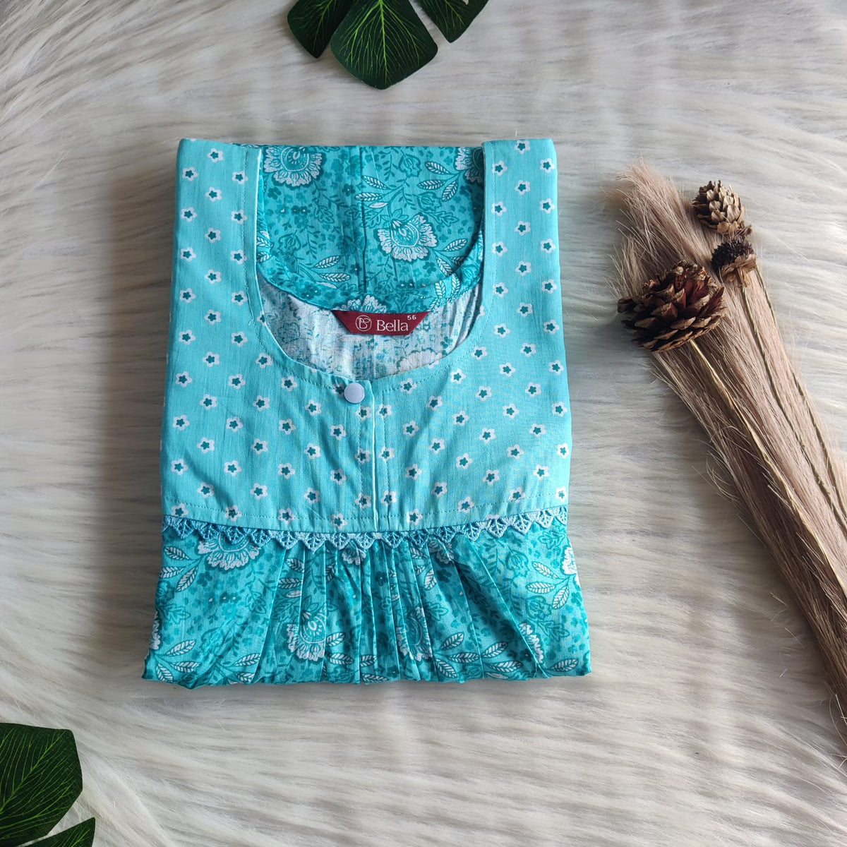 Pale And Dark Blue Printed Premium Cotton Lace Nighty | Free Size | Chest Width 44″| Length 54″-56″