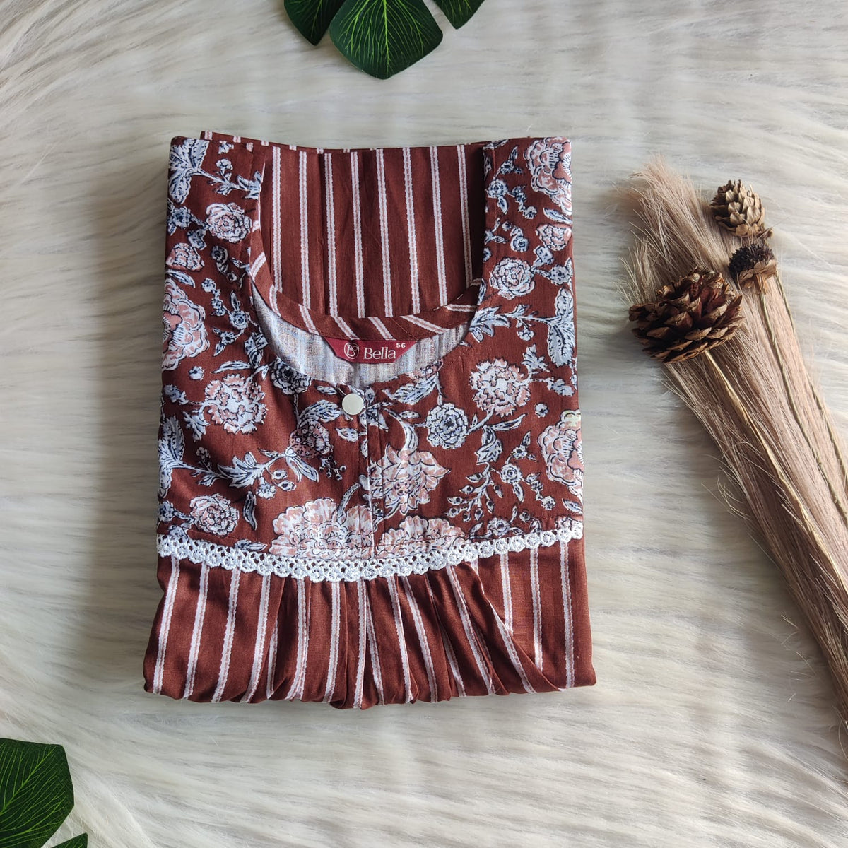 White And Coffee Brown Stripes Printed Premium Cotton Lace Nighty | Free Size | Chest Width 44″| Length 54″-56″