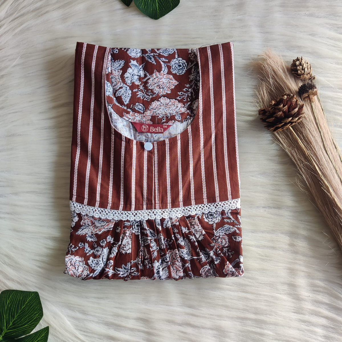 Coffee Brown And White Floral Printed Premium Cotton Lace Nighty | Free Size | Chest Width 44″| Length 54″-56″