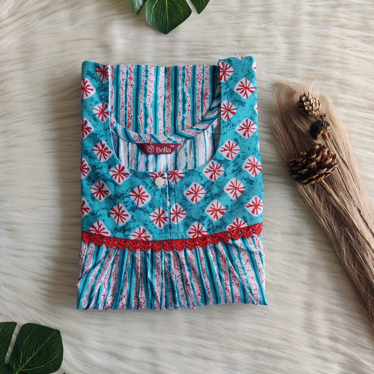 Red And Blue Printed Premium Cotton Lace Nighty | Free Size | Chest Width 44″| Length 54″-56″