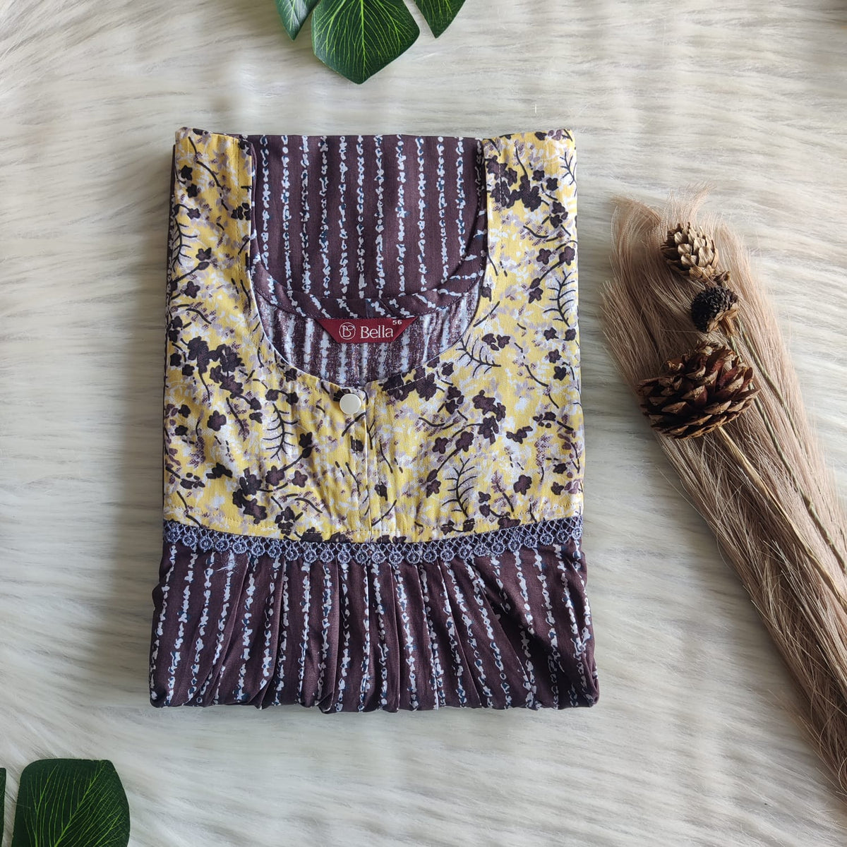 Yellow And Coffee Brown Printed Premium Cotton Lace Nighty | Free Size | Chest Width 44″| Length 54″-56″