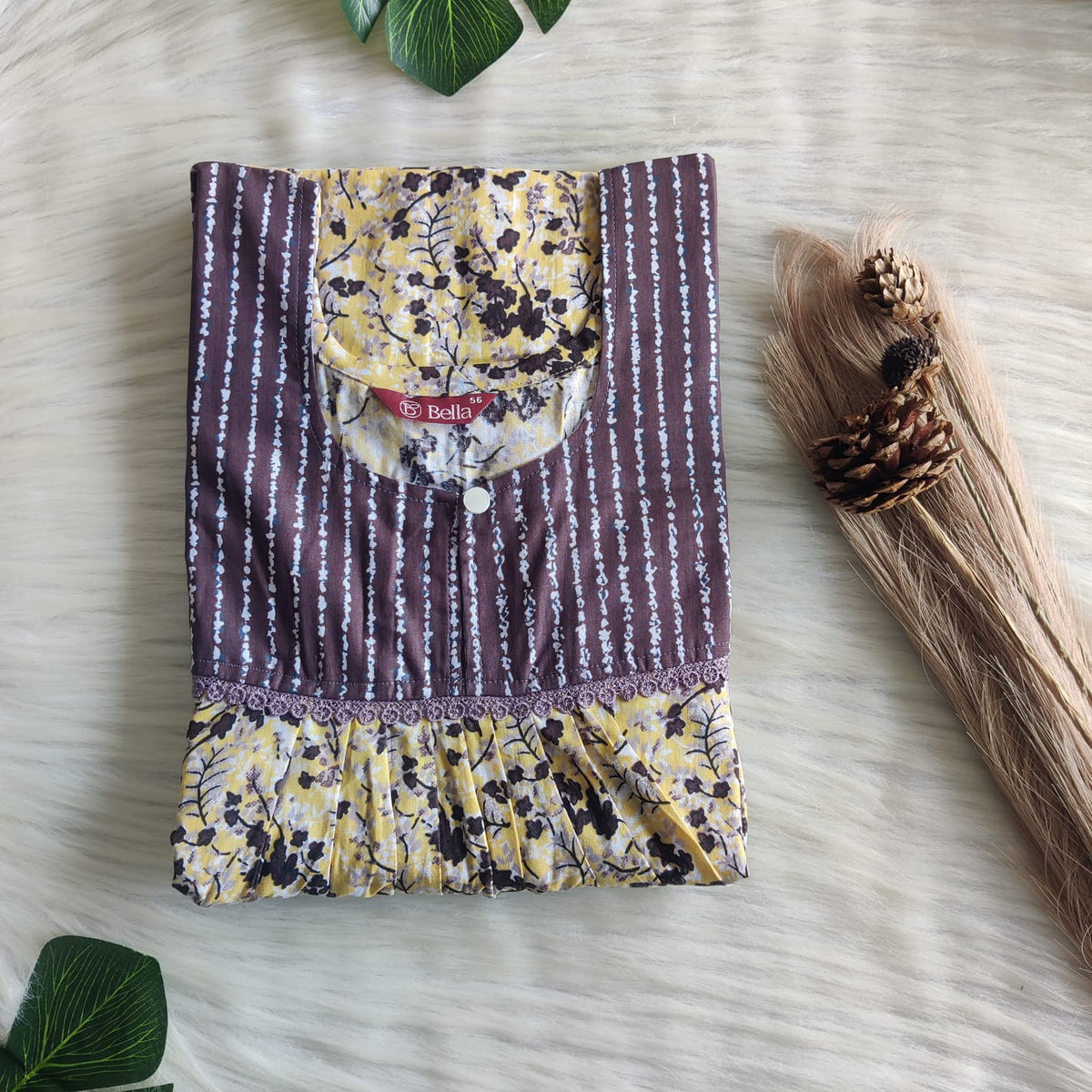 Coffee Brown And Yellow Printed Premium Cotton Lace Nighty | Free Size | Chest Width 44″| Length 54″-56″