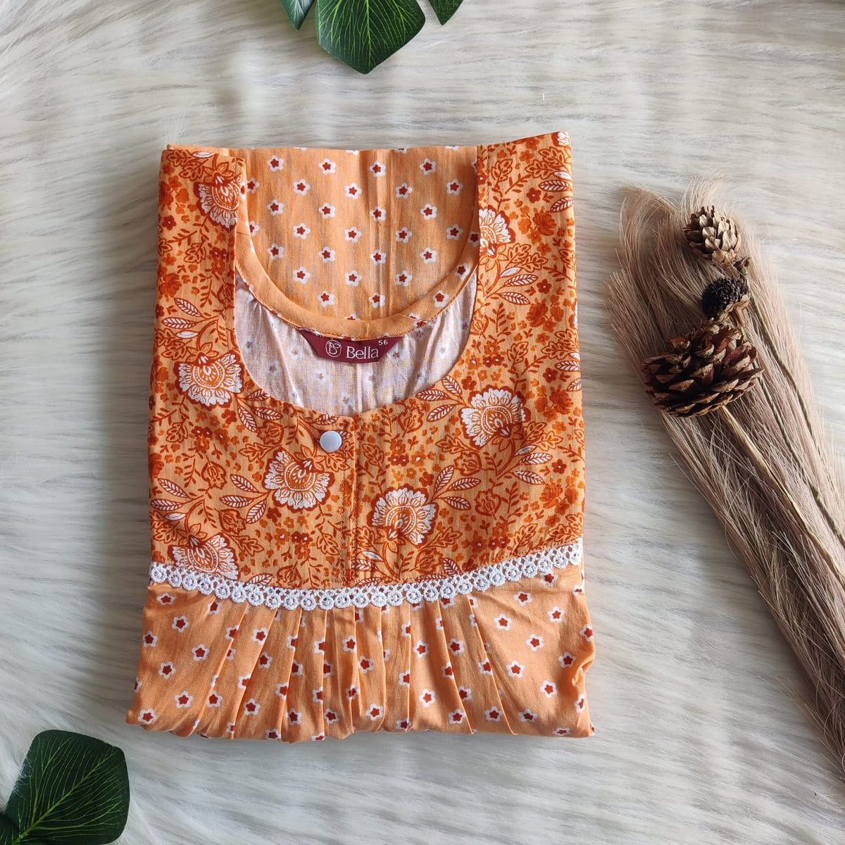 Dark And Pale Orange Floral Printed Premium Cotton Lace Nighty | Free Size | Chest Width 44″| Length 54″-56″