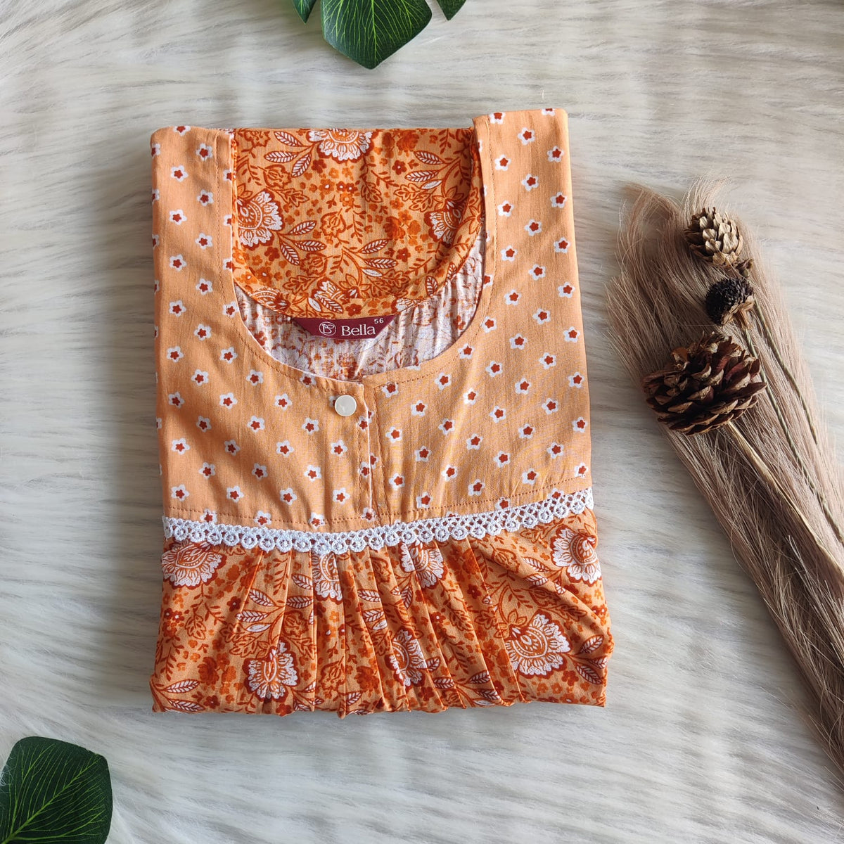 Pale And Dark Orange Printed Premium Cotton Lace Nighty | Free Size | Chest Width 44″| Length 54″-56″
