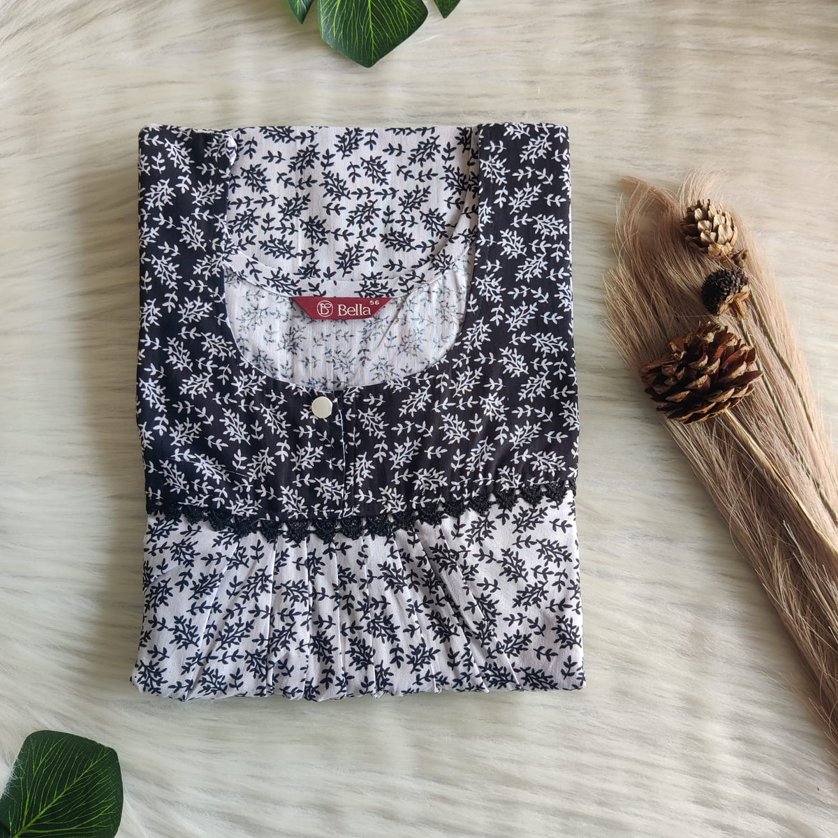 Black And Grey Leaf Printed Premium Cotton Lace Nighty | Free Size | Chest Width 44″| Length 54″-56″
