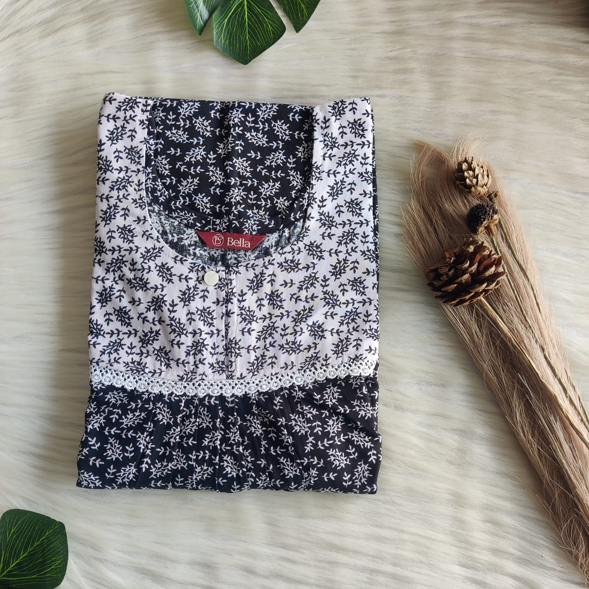 Grey And Black leaf Printed Premium Cotton Lace Nighty | Free Size | Chest Width 44″| Length 54″-56″