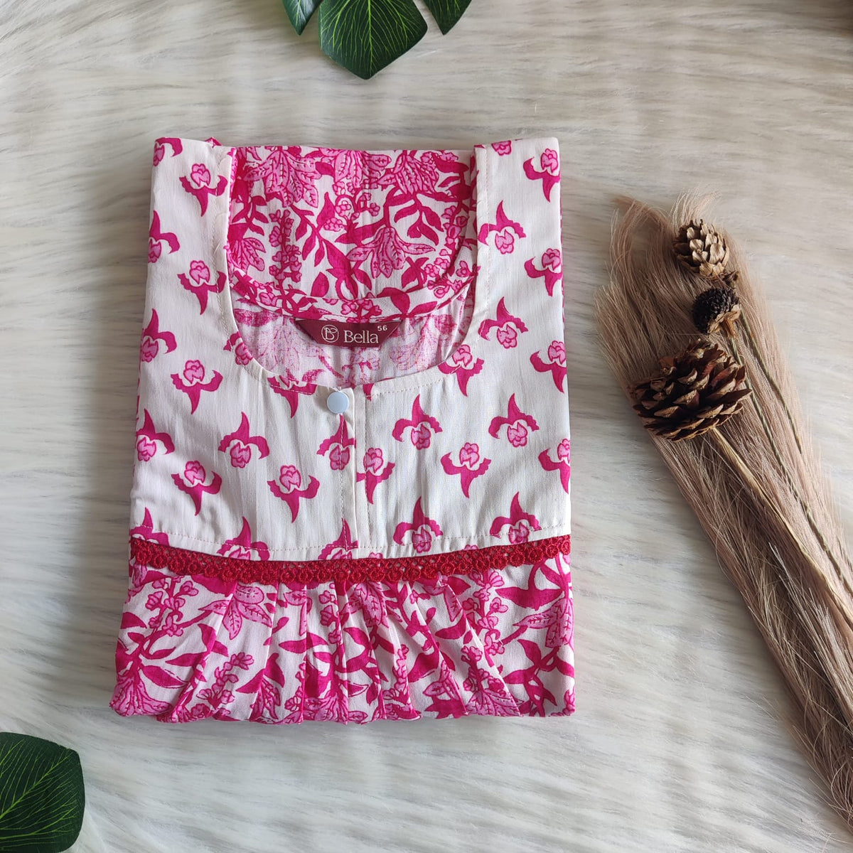 White And Pink Printed Premium Cotton Lace Nighty | Free Size | Chest Width 44″| Length 54″-56″