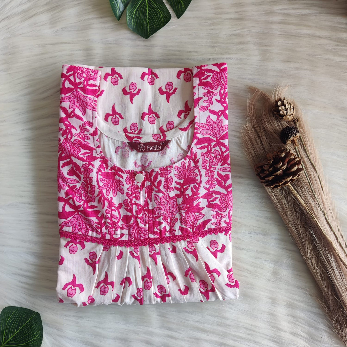 Pink And White Printed Premium Cotton Lace Nighty | Free Size | Chest Width 44″| Length 54″-56″