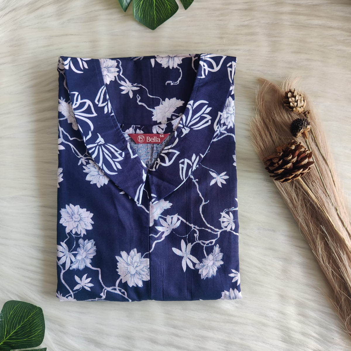 Navy Blue And White Floral Printed Premium Cotton Peter Pan Collar Long Zip Feeding Nighty | Free Size | Chest Width 44″| Length 56″
