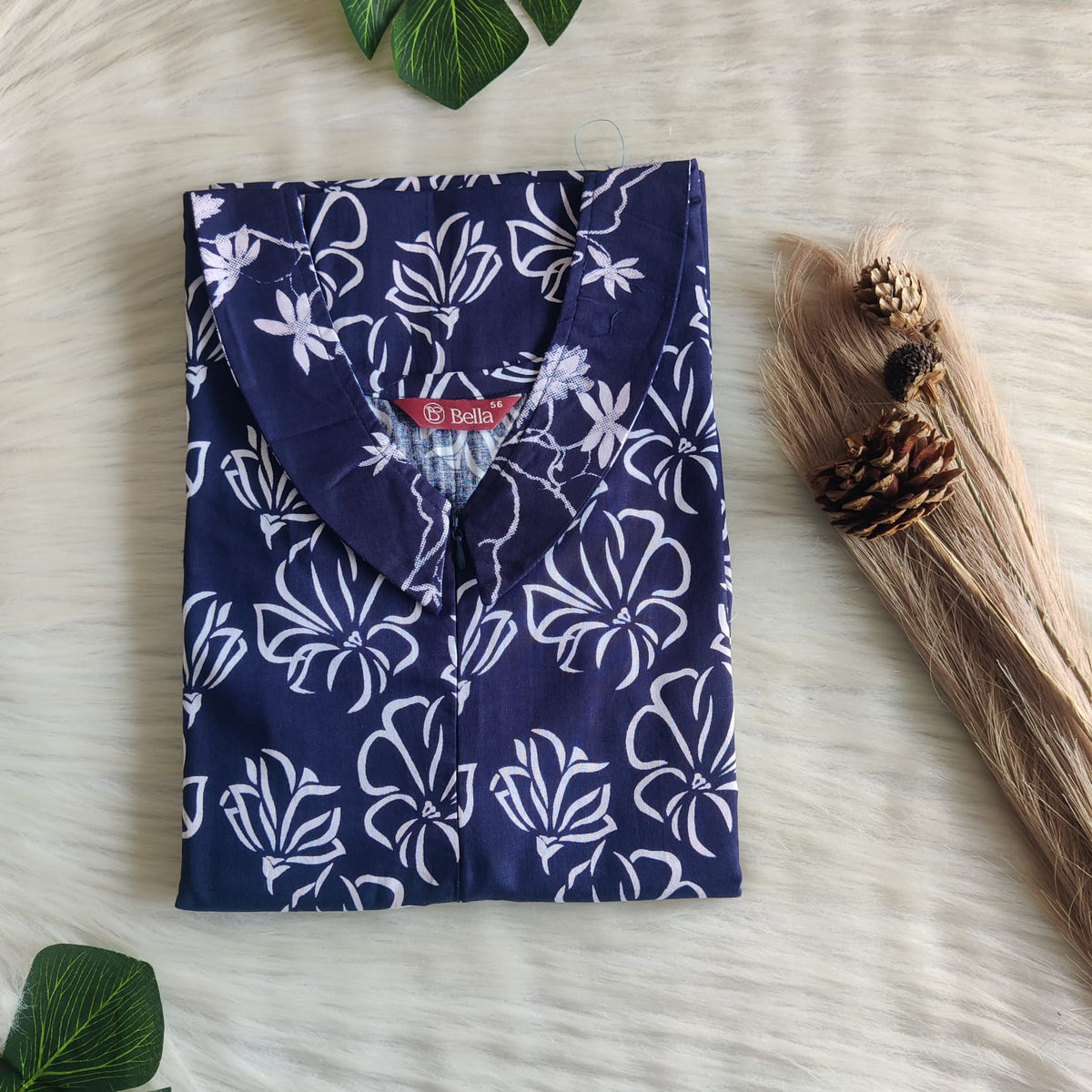 White And Navy Blue Floral Printed Premium Cotton Peter Pan Collar Long Zip Feeding Nighty | Free Size | Chest Width 44″| Length 56″