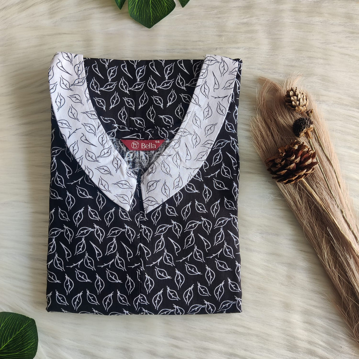 Grey And Black Leaf Printed Premium Cotton Peter Pan Collar Long Zip Feeding Nighty | Free Size | Chest Width 44″| Length 56″