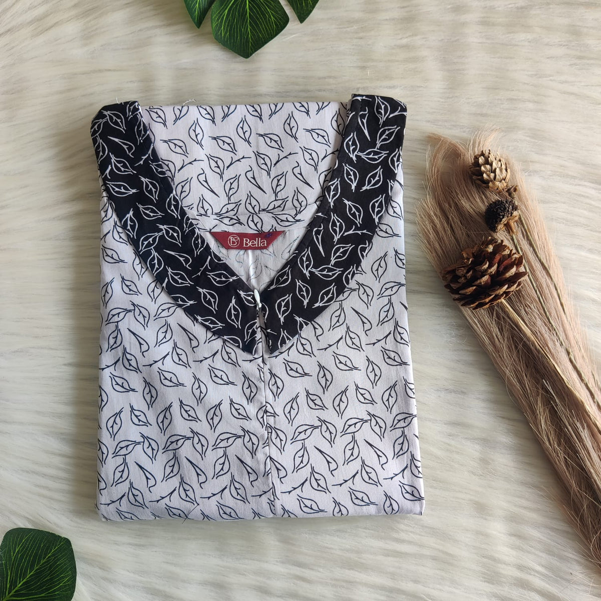 Black And Grey Leaf Printed Premium Cotton Peter Pan Collar Long Zip Feeding Nighty | Free Size | Chest Width 44″| Length 56″