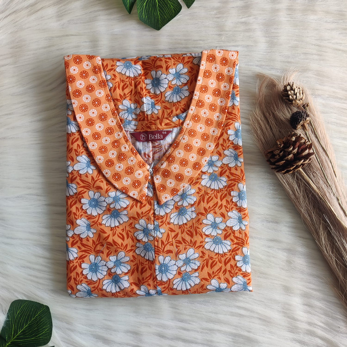 Orange And White Floral Printed Premium Cotton Peter Pan Collar Long Zip Feeding Nighty | Free Size | Chest Width 44″| Length 56″