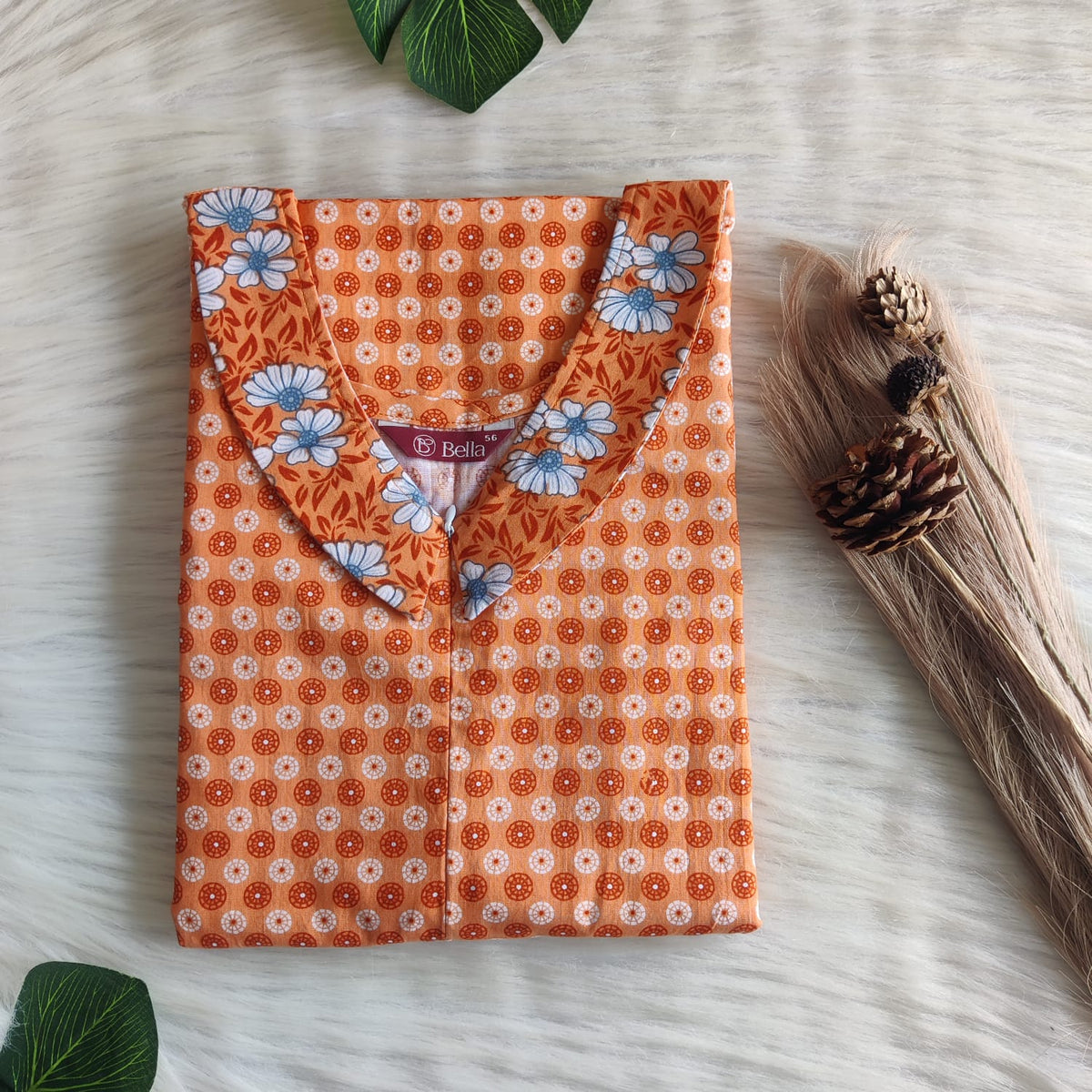 White And Orange Floral Printed Premium Cotton Peter Pan Collar Long Zip Feeding Nighty | Free Size | Chest Width 44″| Length 56″