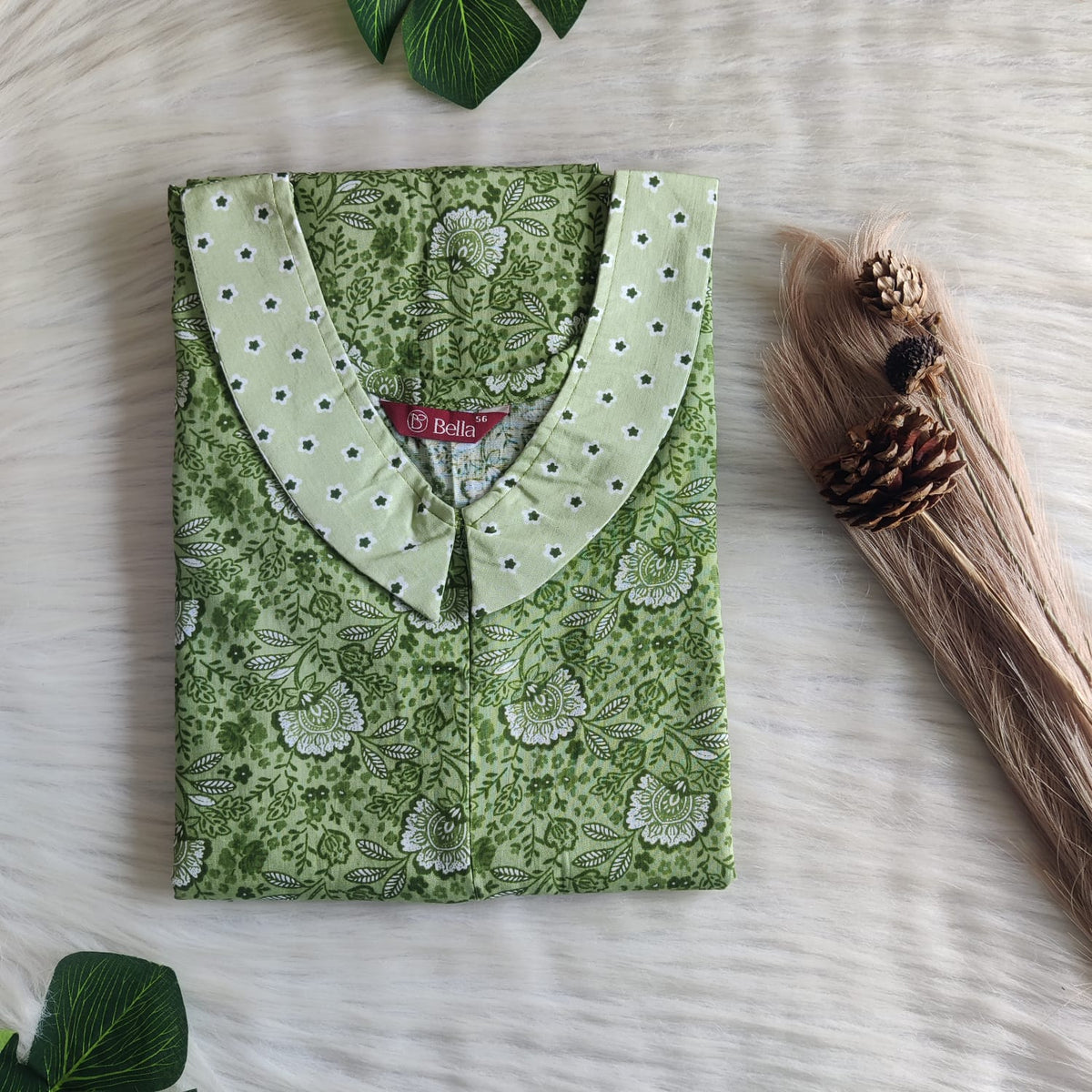 Pale And Dark Green Floral Printed Premium Cotton Peter Pan Collar Long Zip Feeding Nighty | Free Size | Chest Width 44″| Length 56″