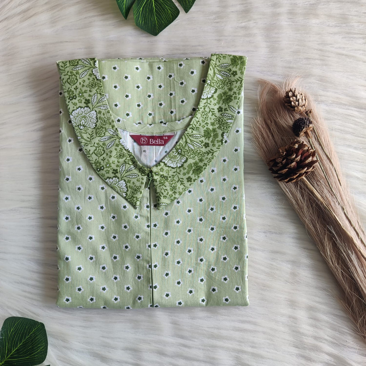 Dark And Pale Green Floral Printed Premium Cotton Peter Pan Collar Long Zip Feeding Nighty | Free Size | Chest Width 44″| Length 56″