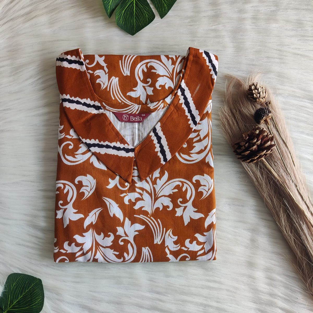 Brown And White Printed Premium Cotton Peter Pan Collar Nighty | Free Size | Chest Width 44″| Length 55″-56″