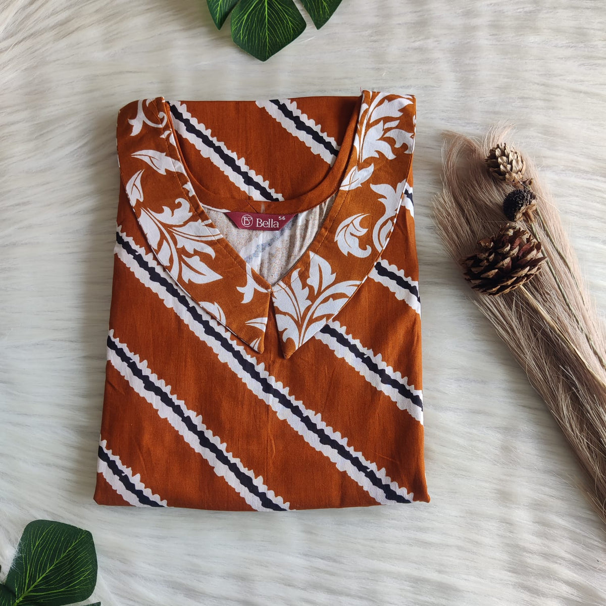 White And Brown Printed Premium Cotton Peter Pan Collar Nighty | Free Size | Chest Width 44″| Length 55″-56″