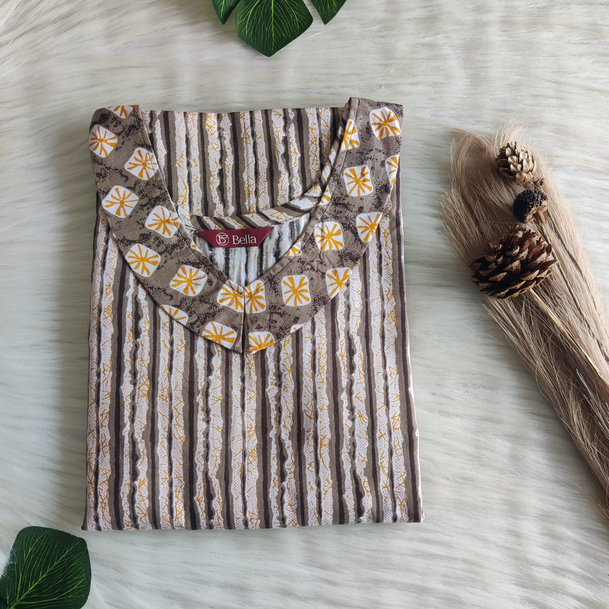 Yellow And Grey Stripes Printed Premium Cotton Peter Pan Collar Nighty | Free Size | Chest Width 44″| Length 55″-56″