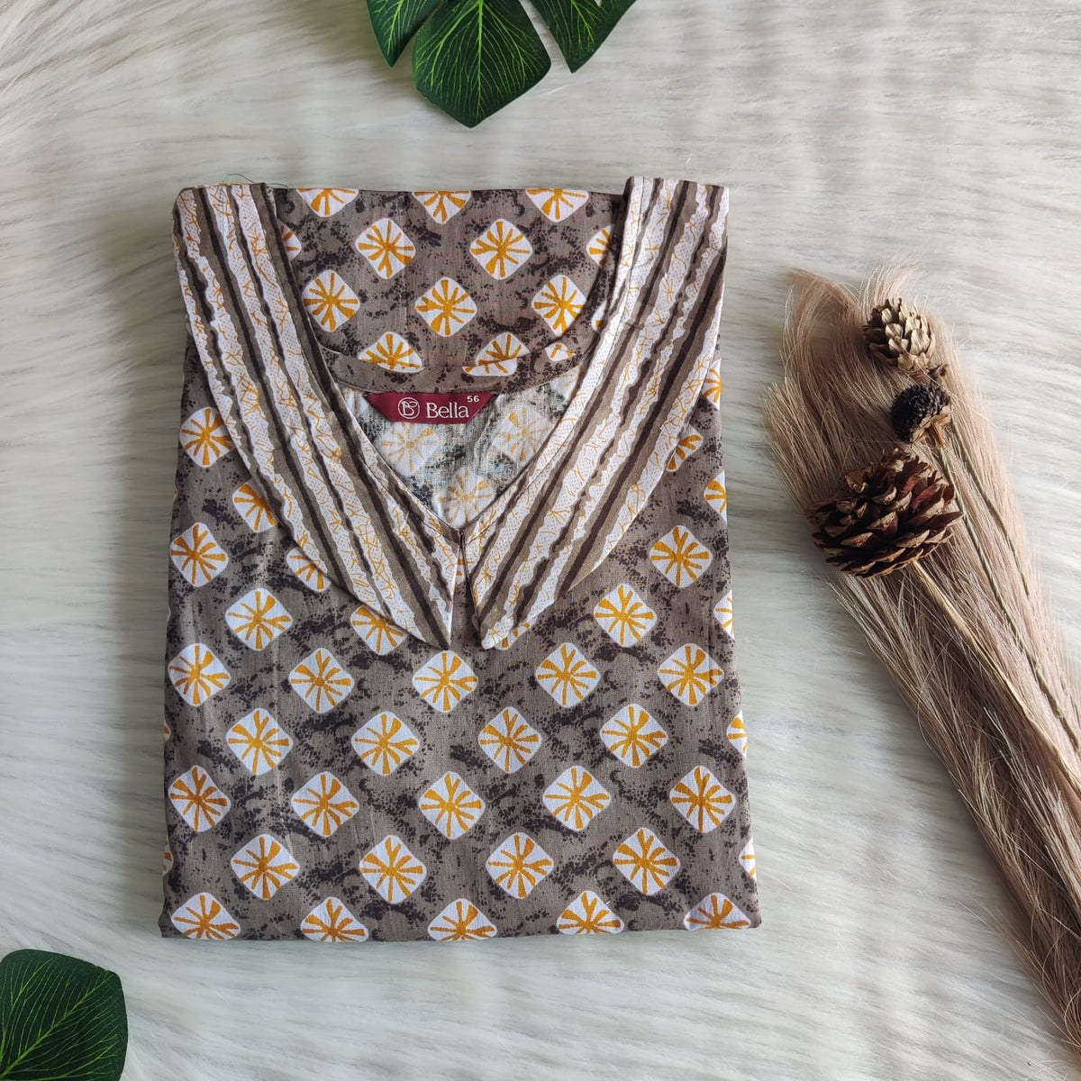 Grey And Yellow Printed Premium Cotton Peter Pan Collar Nighty | Free Size | Chest Width 44″| Length 55″-56″