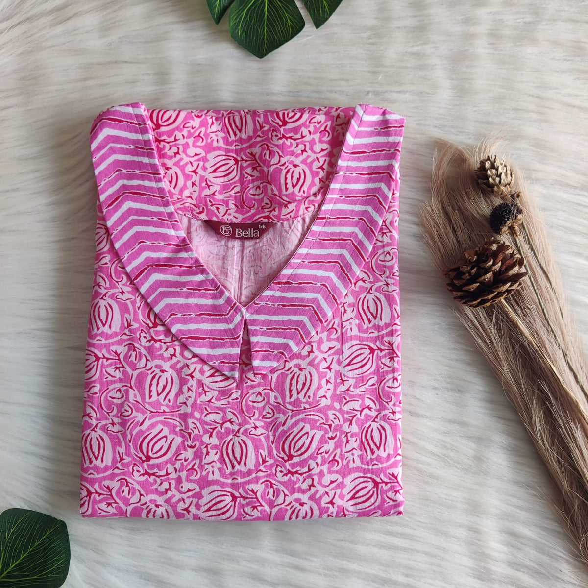 Pink And White Floral Printed Premium Cotton Peter Pan Collar Nighty | Free Size | Chest Width 44″| Length 55″-56″