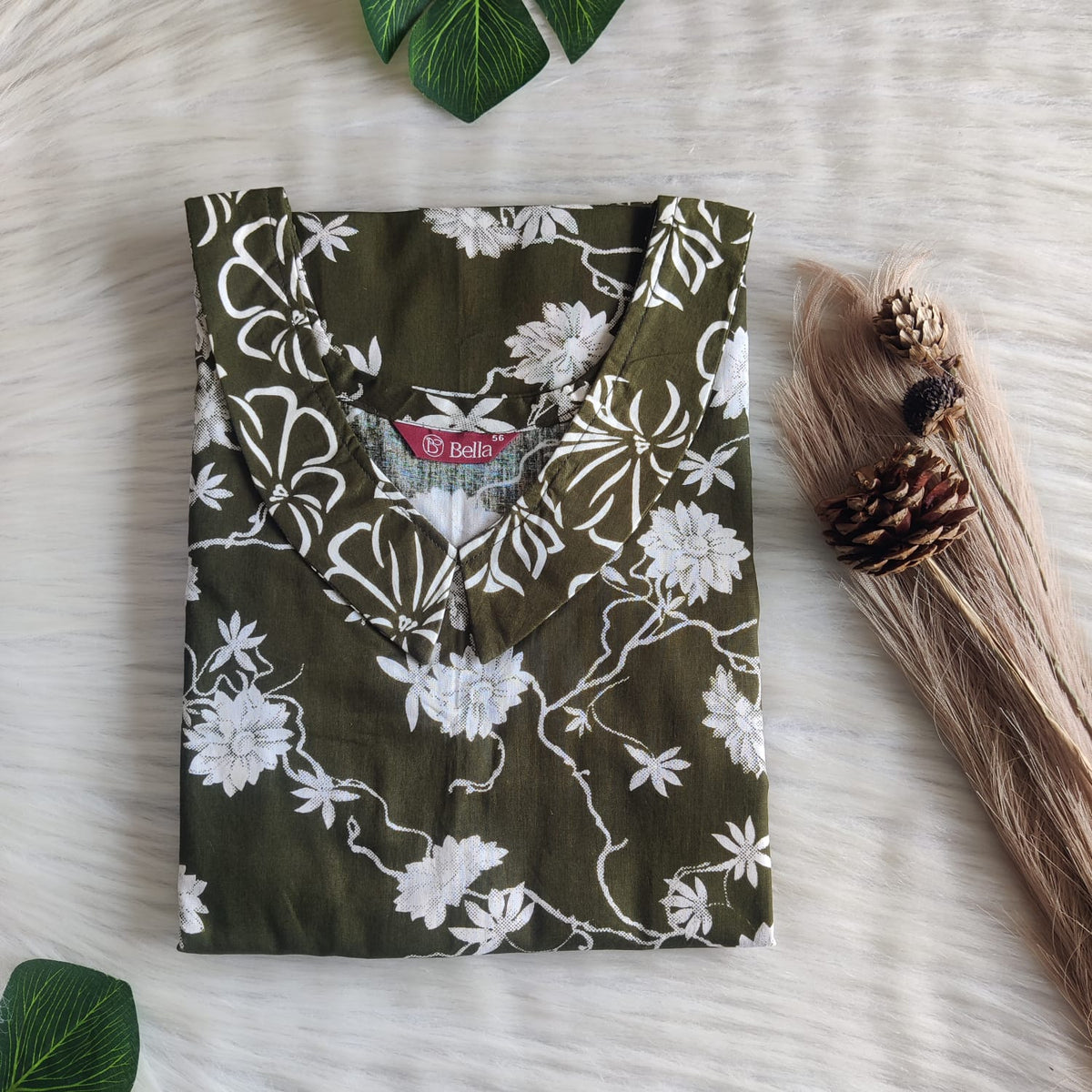 Olive Green And White Floral Printed Premium Cotton Peter Pan Collar Nighty | Free Size | Chest Width 44″| Length 55″-56″