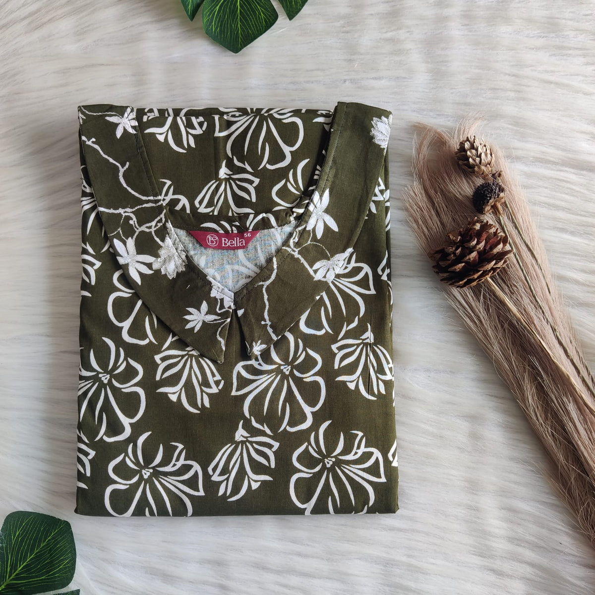 White And Olive Green Floral Printed Premium Cotton Peter Pan Collar Nighty | Free Size | Chest Width 44″| Length 55″-56″