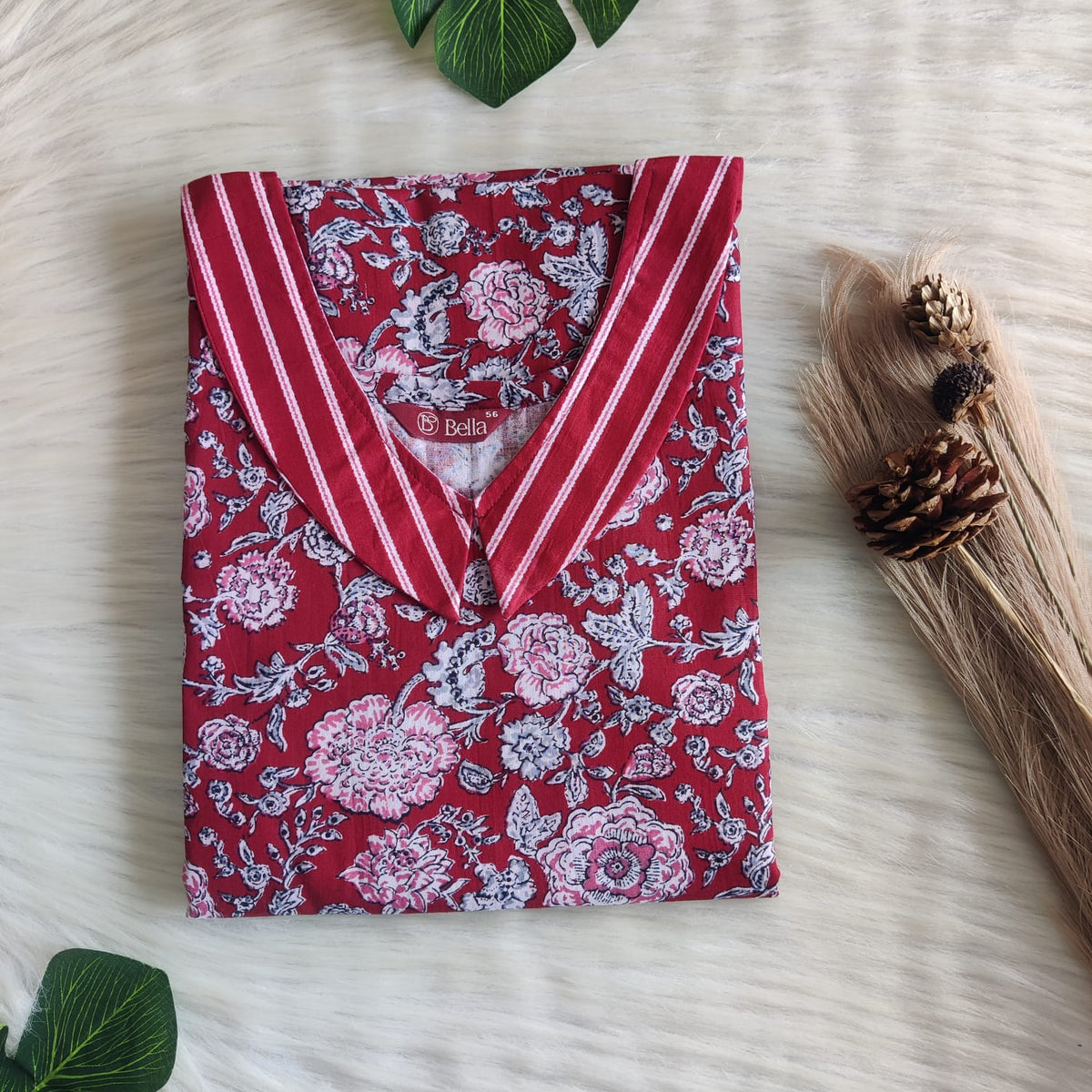 Maroon And White Floral Printed Premium Cotton Peter Pan Collar Nighty | Free Size | Chest Width 44″| Length 55″-56″