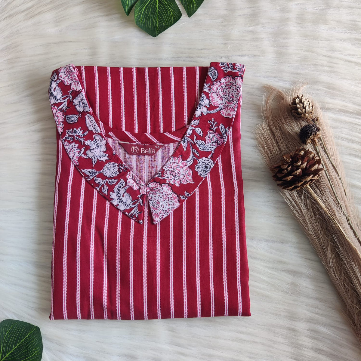 White And Maroon Stripes Printed Premium Cotton Peter Pan Collar Nighty | Free Size | Chest Width 44″| Length 55″-56″
