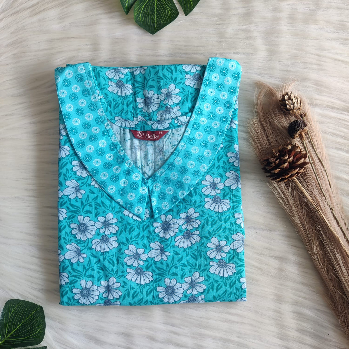 Blue And White Floral Printed Premium Cotton Peter Pan Collar Nighty | Free Size | Chest Width 44″| Length 55″-56″