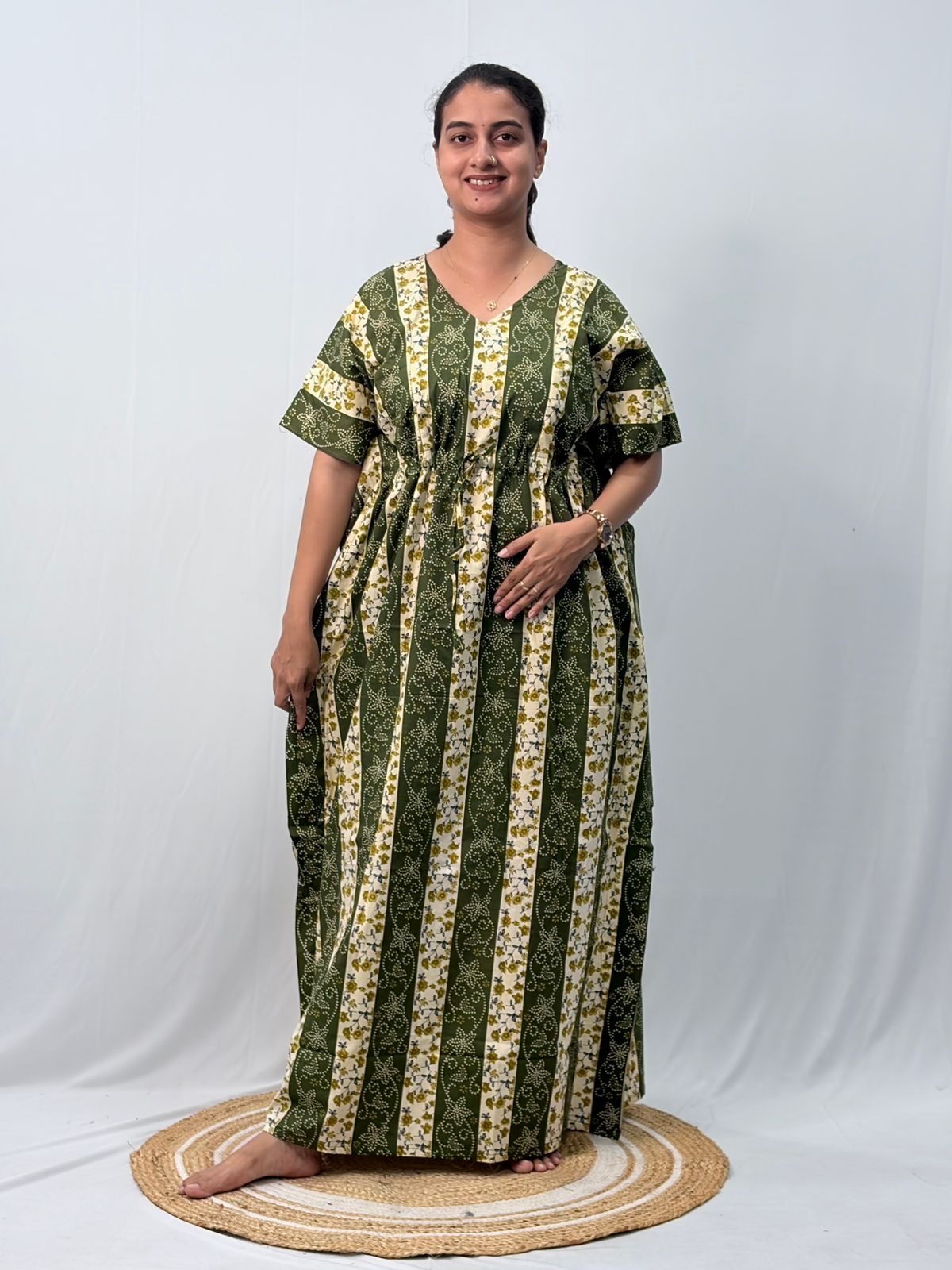 Green Floral Printed Premium Cotton Feeding Kaftan | Free Size | Chest Width 44″| Length 56″